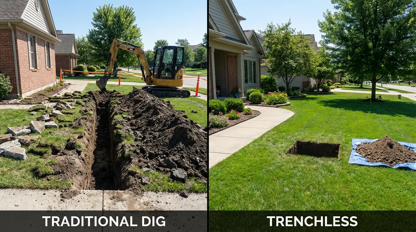 Trenchless sewer repair with minimal yard damage versus traditional excavation in Bonham, TX