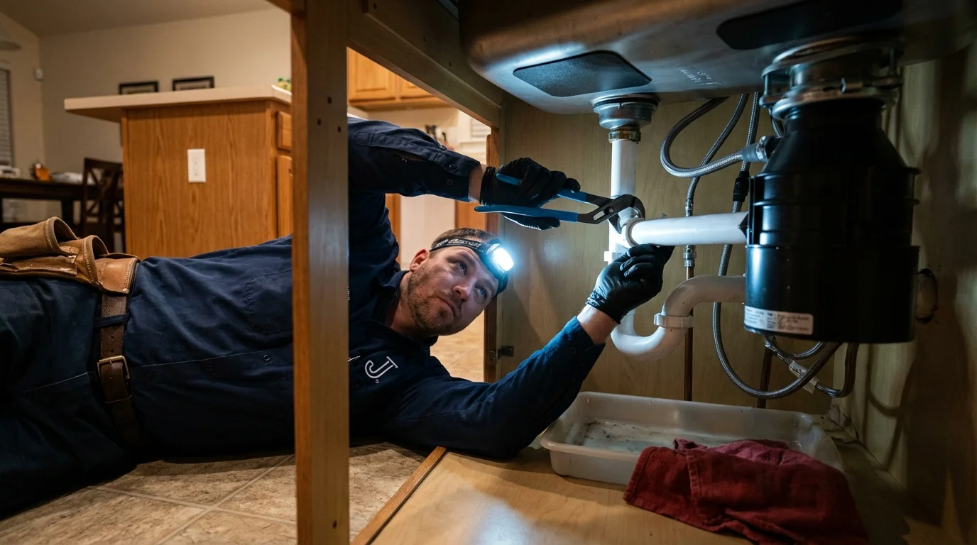 P-trap and supply line connections under a kitchen sink showing a common leak point in Bonham, TX